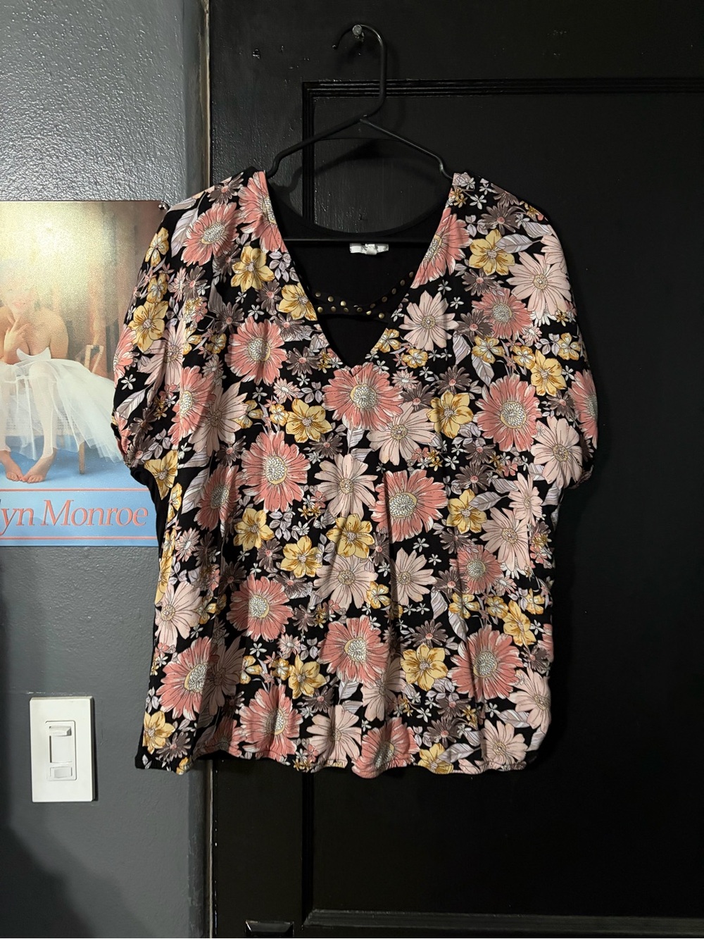 Floral V-Neck Women’s Top - Black with Pink & Yellow Flowers